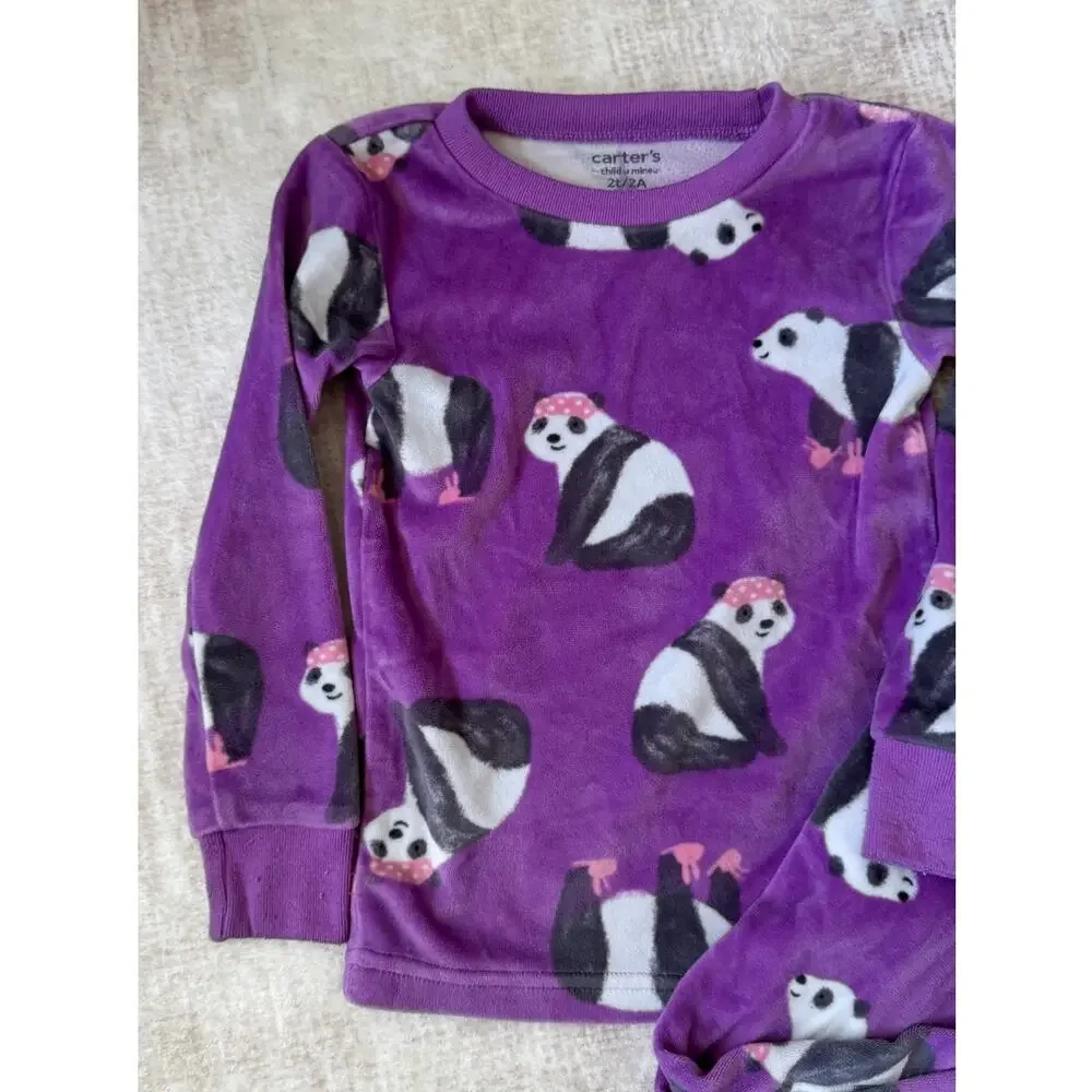 Carter's Toddler Girl 2T Fleece 2 Pc Purple Spa Panda Pajama PJ Set Sleepwear